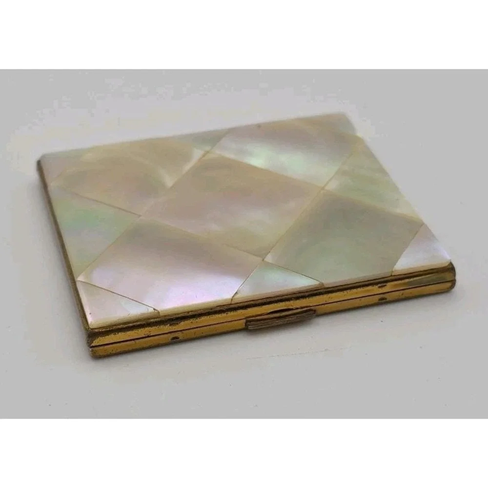 Vintage Elgin American Mother of Pearl Inlay Gold Tone Mirrored Powder Compact